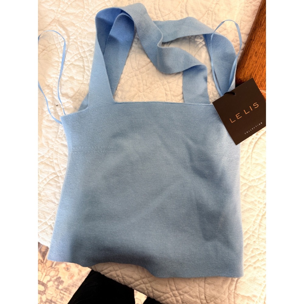 Le Lis Collection Light Blue Knit Tank Top Strappy Lattice Back Size M NWT